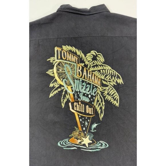 Tommy Bahama Mens Silk Shirt Swizzle Inn Chill Out Embroidered Camp Sz XL Black - Picture 2 of 9